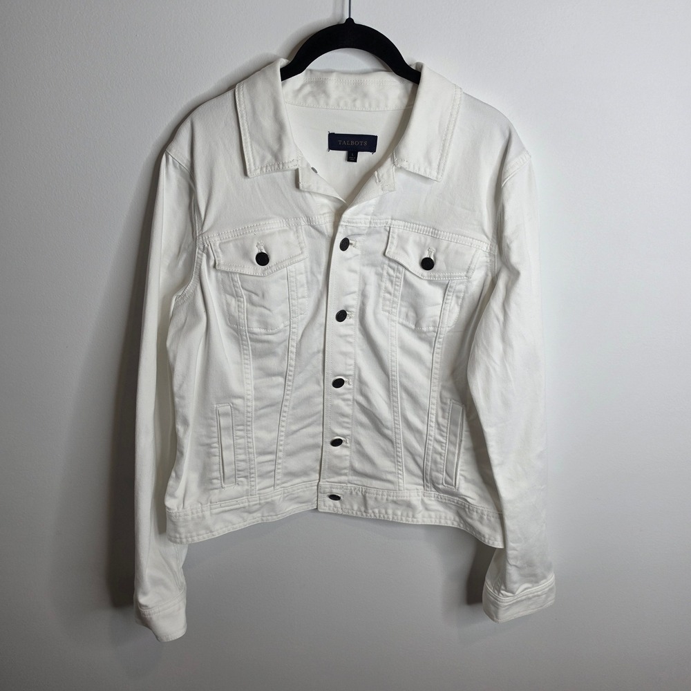 Talbots Denim Jean Jacket Womens Large White Stretch Button Up Casual